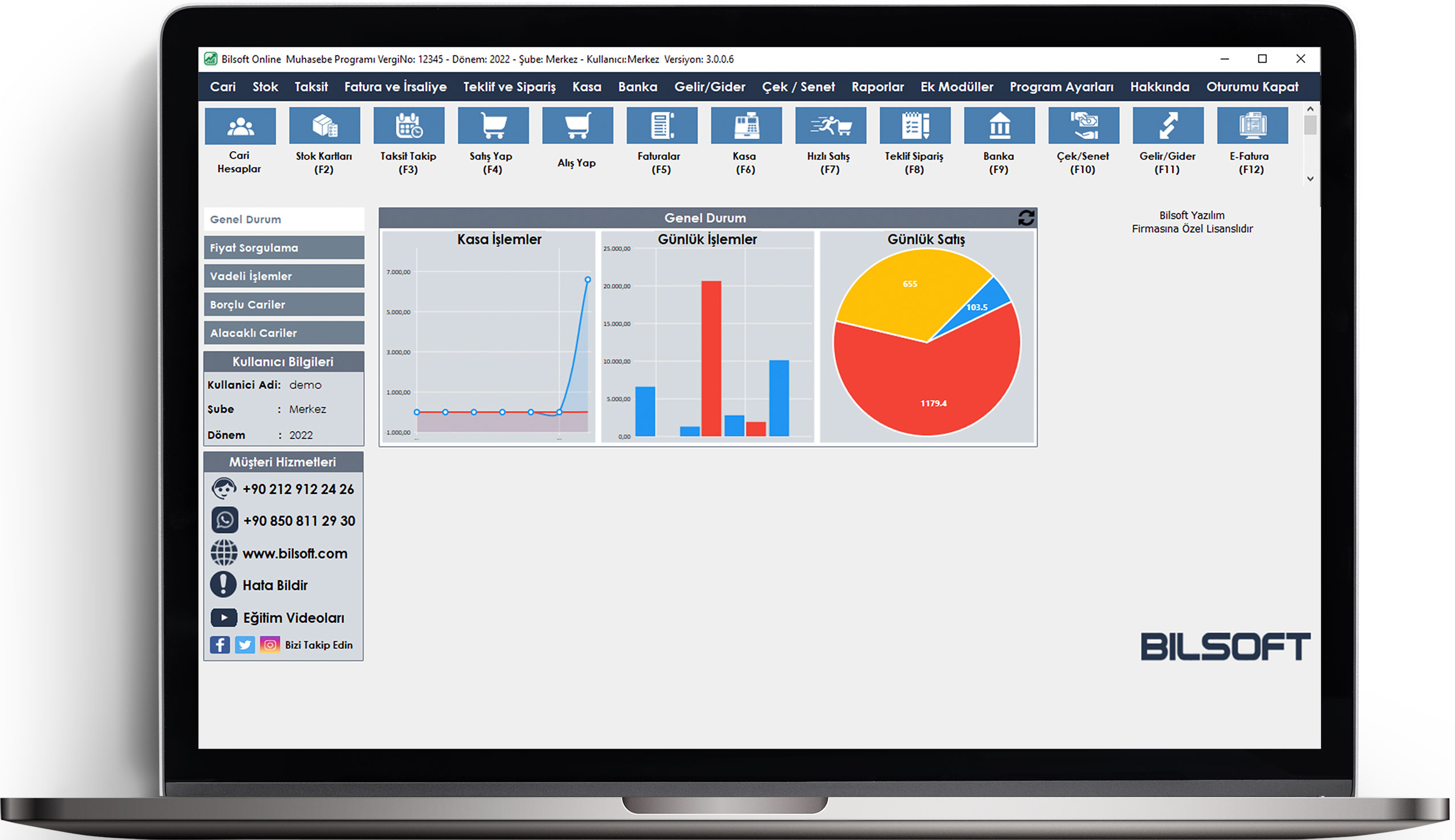 Bilsoft masaüstü Online Ön Muhasebe Programı Dashboard Ana Gösterge Paneli