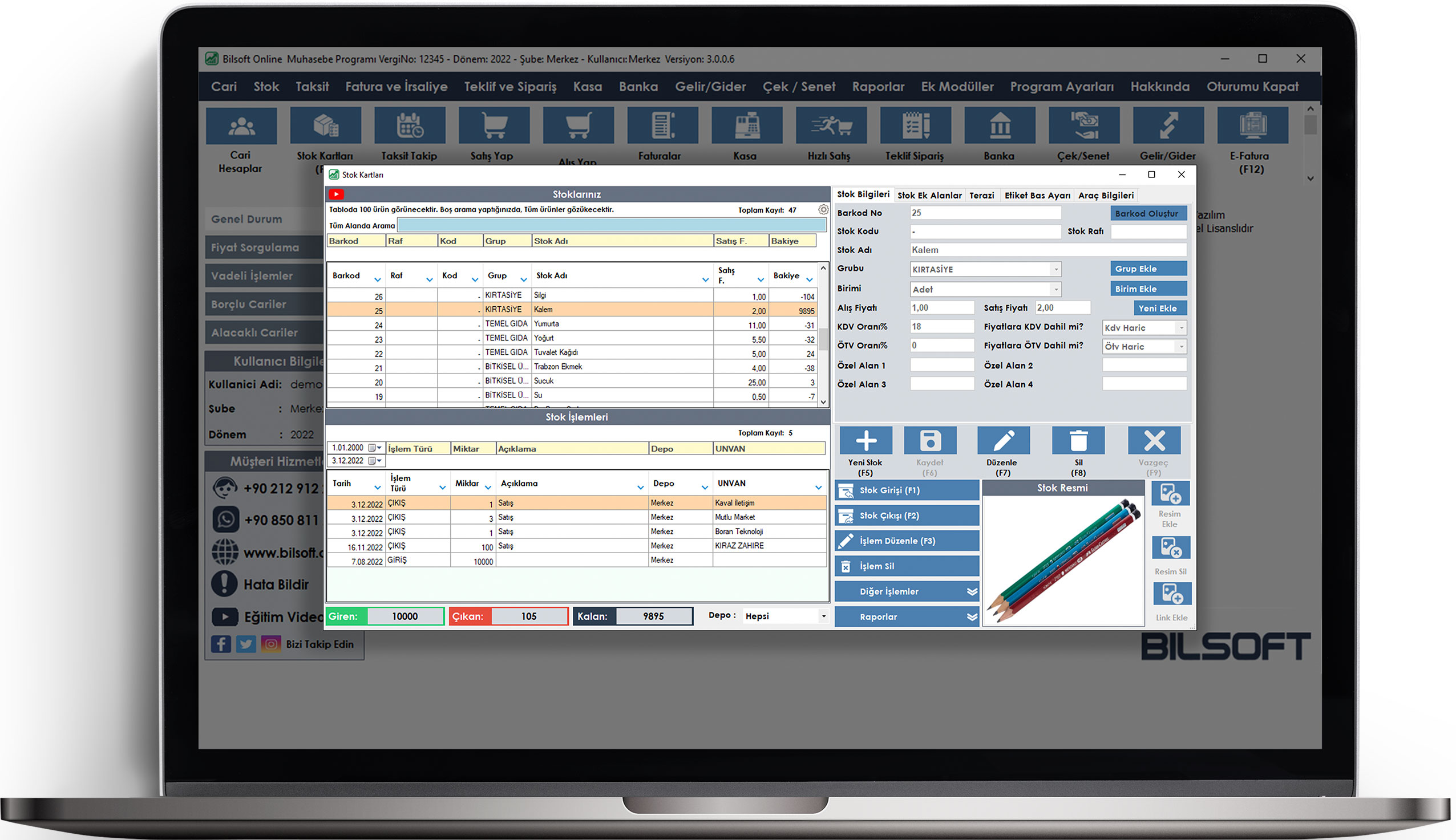 Bilsoft masaüstü Online Ön Muhasebe Programı Stok Kartları penceresi