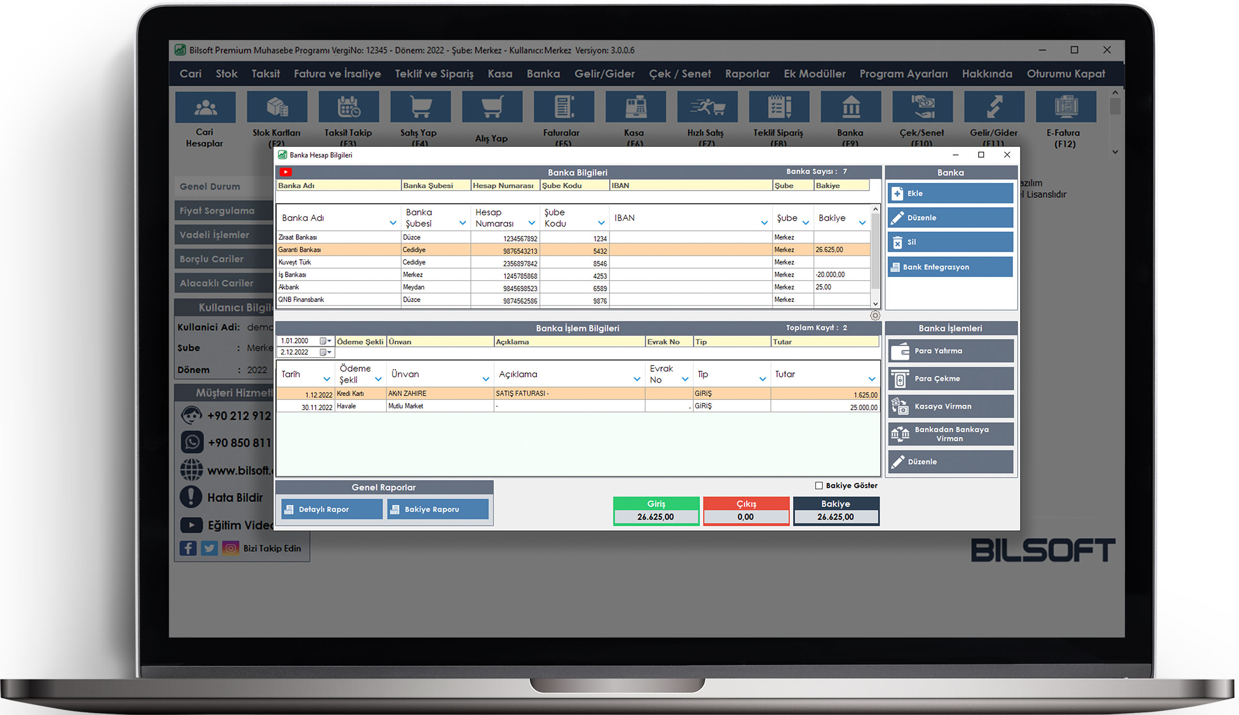 Bilsoft premium ön muhasebe programı banka takip ekranı