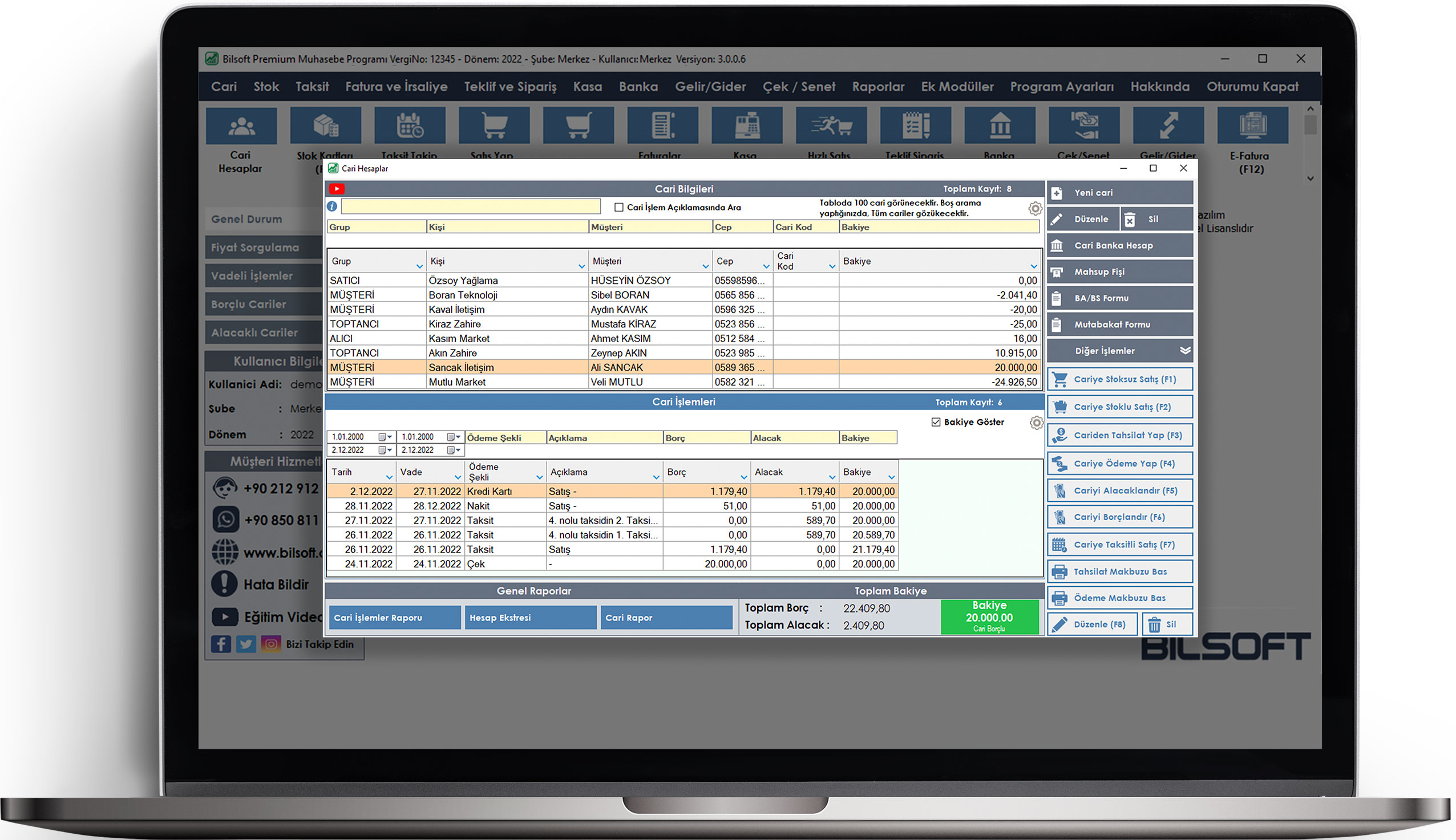 Bilsoft premium ön muhasebe programı cari hesap takip ekranı