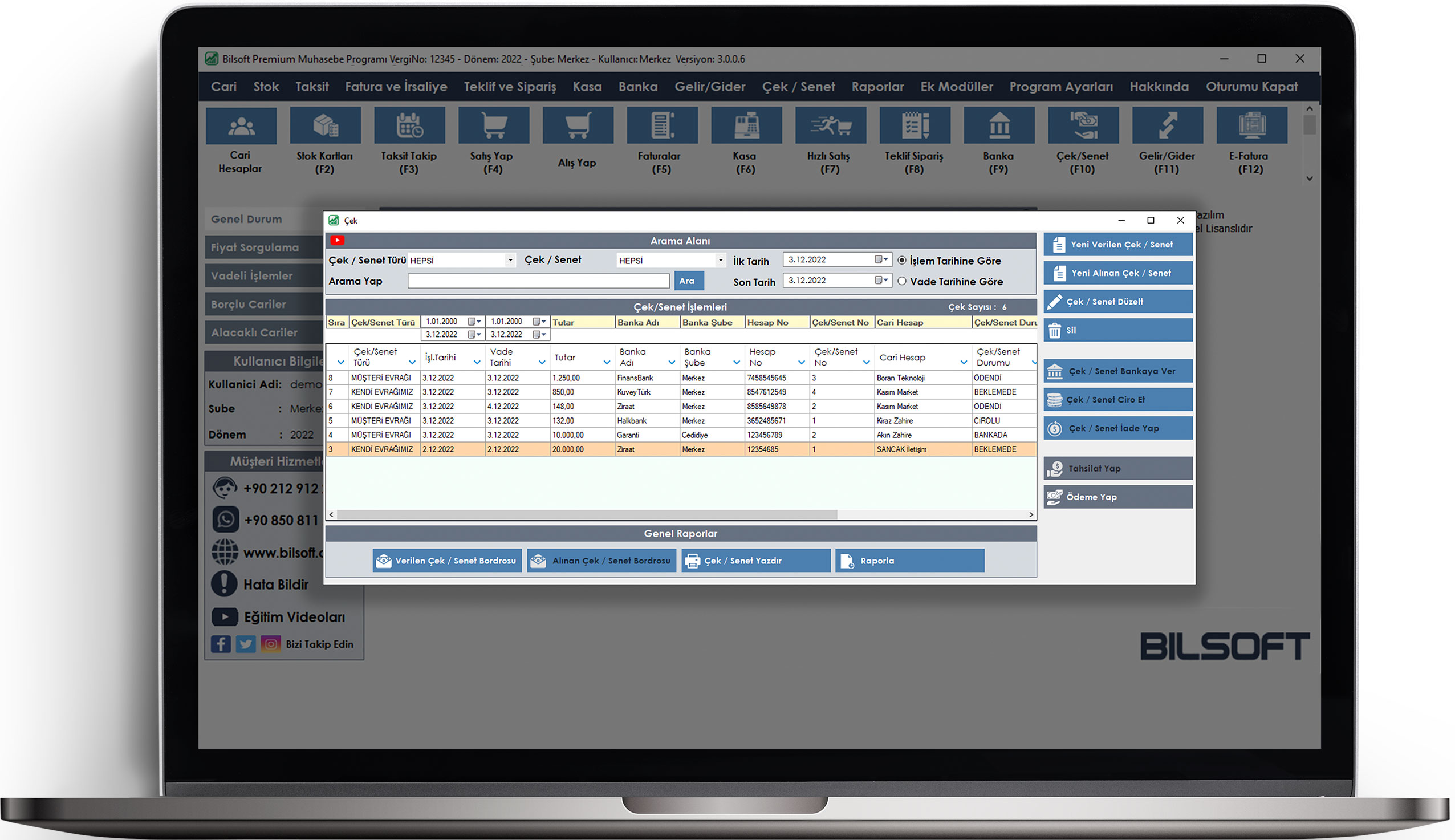 Bilsoft premium ön muhasebe programı çek senet takip ekranı