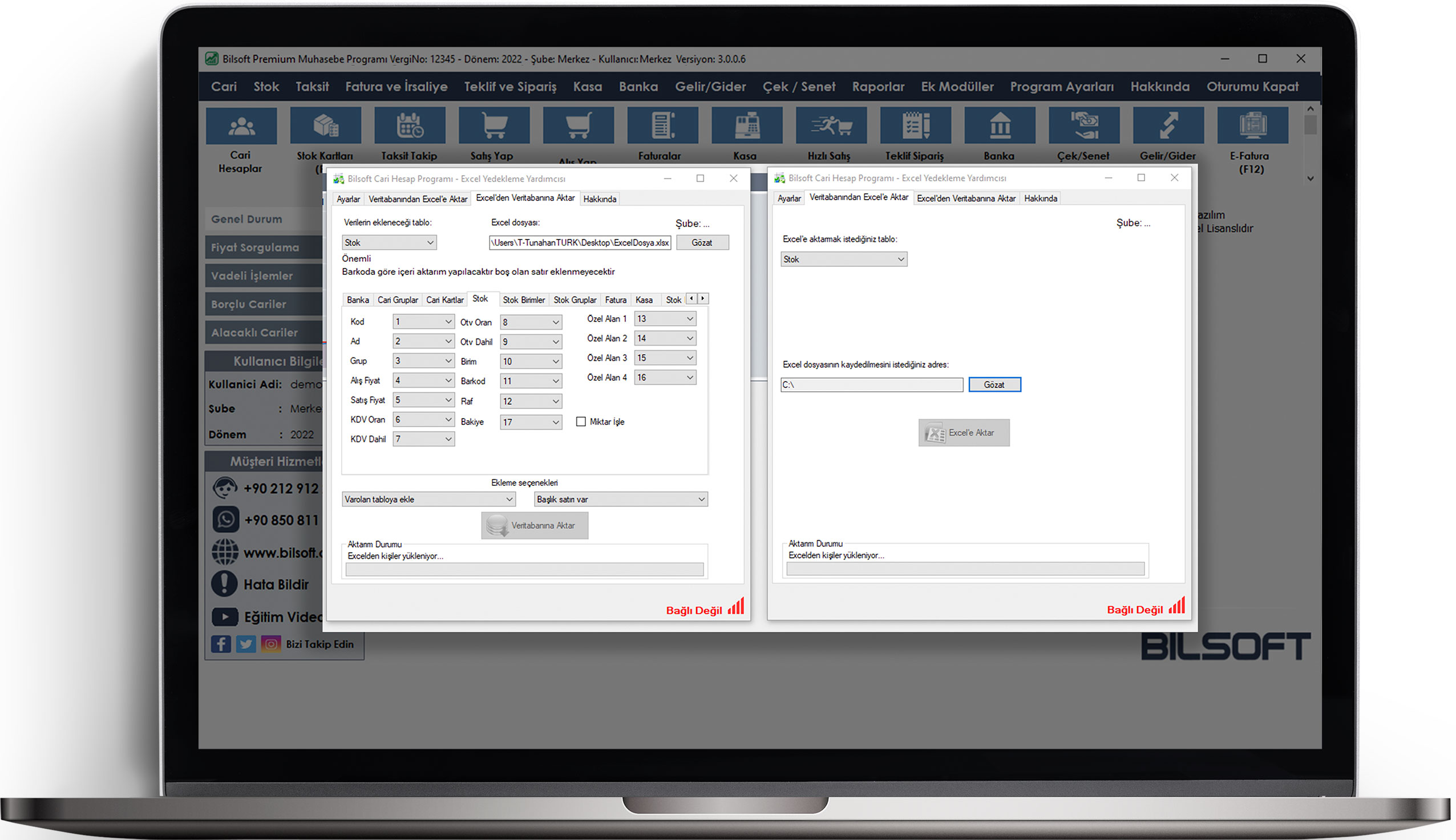 Bilsoft premium ön muhasebe programı Excel Aktarım modülünün modülünün ekranı