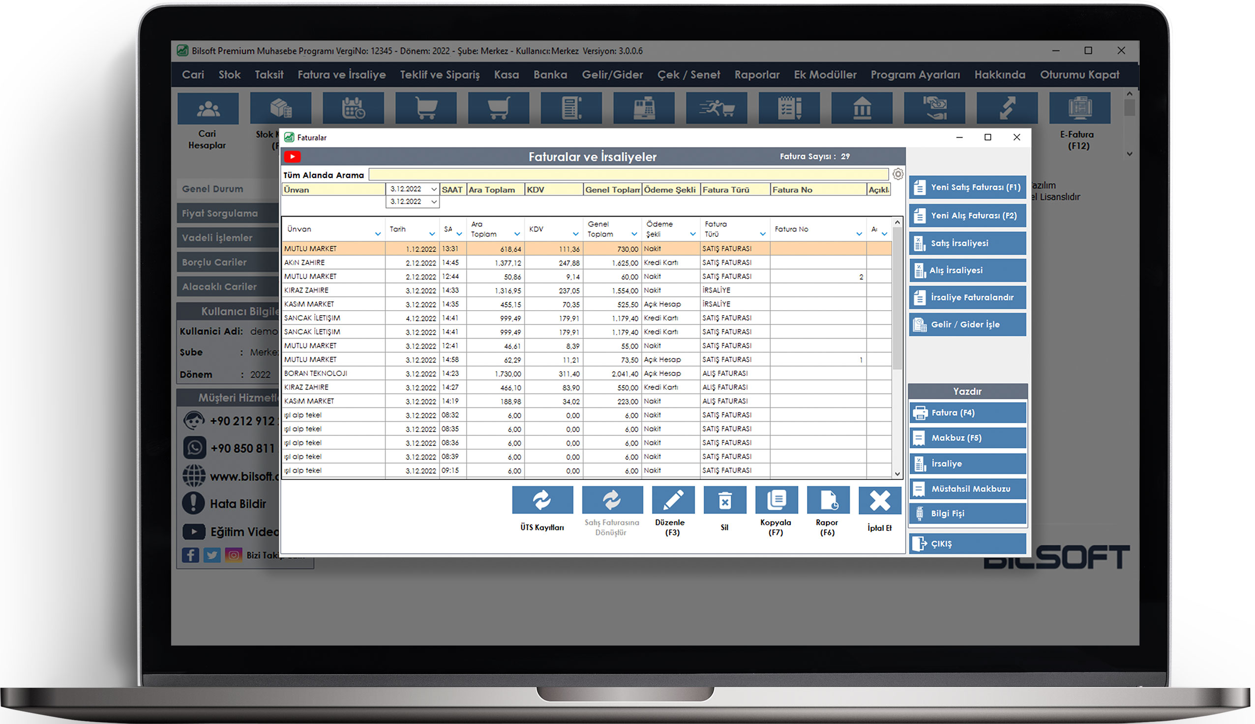 Bilsoft premium ön muhasebe programı Faturalar modülünün ekranı