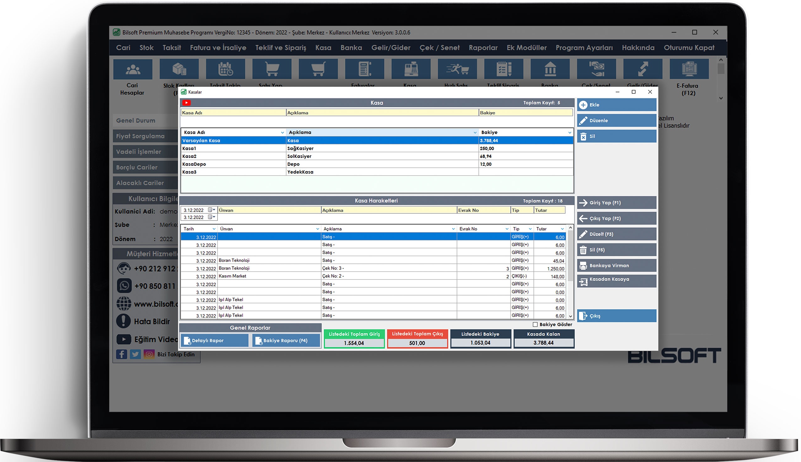 Bilsoft premium ön muhasebe programı kasa takip ekranı