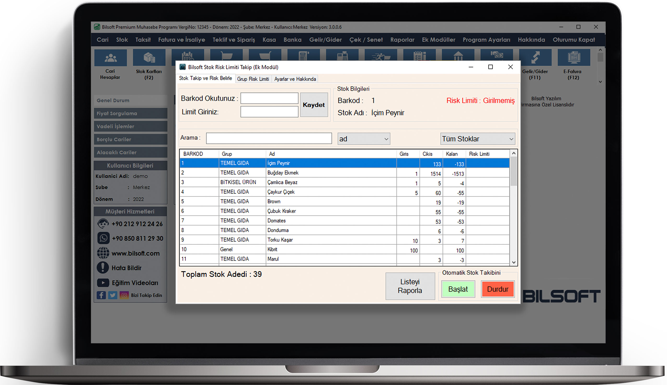 Bilsoft premium ön muhasebe programı stok risk limit takip ekranı