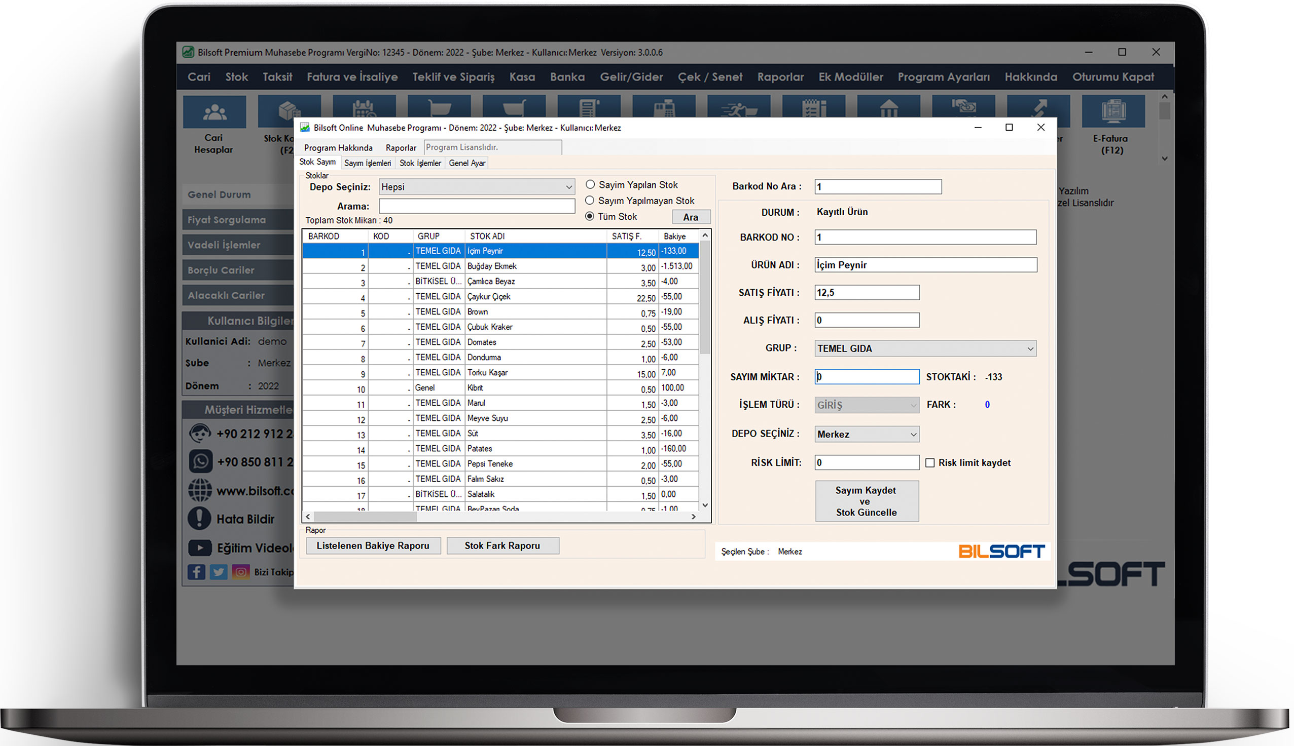 Bilsoft premium ön muhasebe programı hızlı stok sayım modülünün ekranı