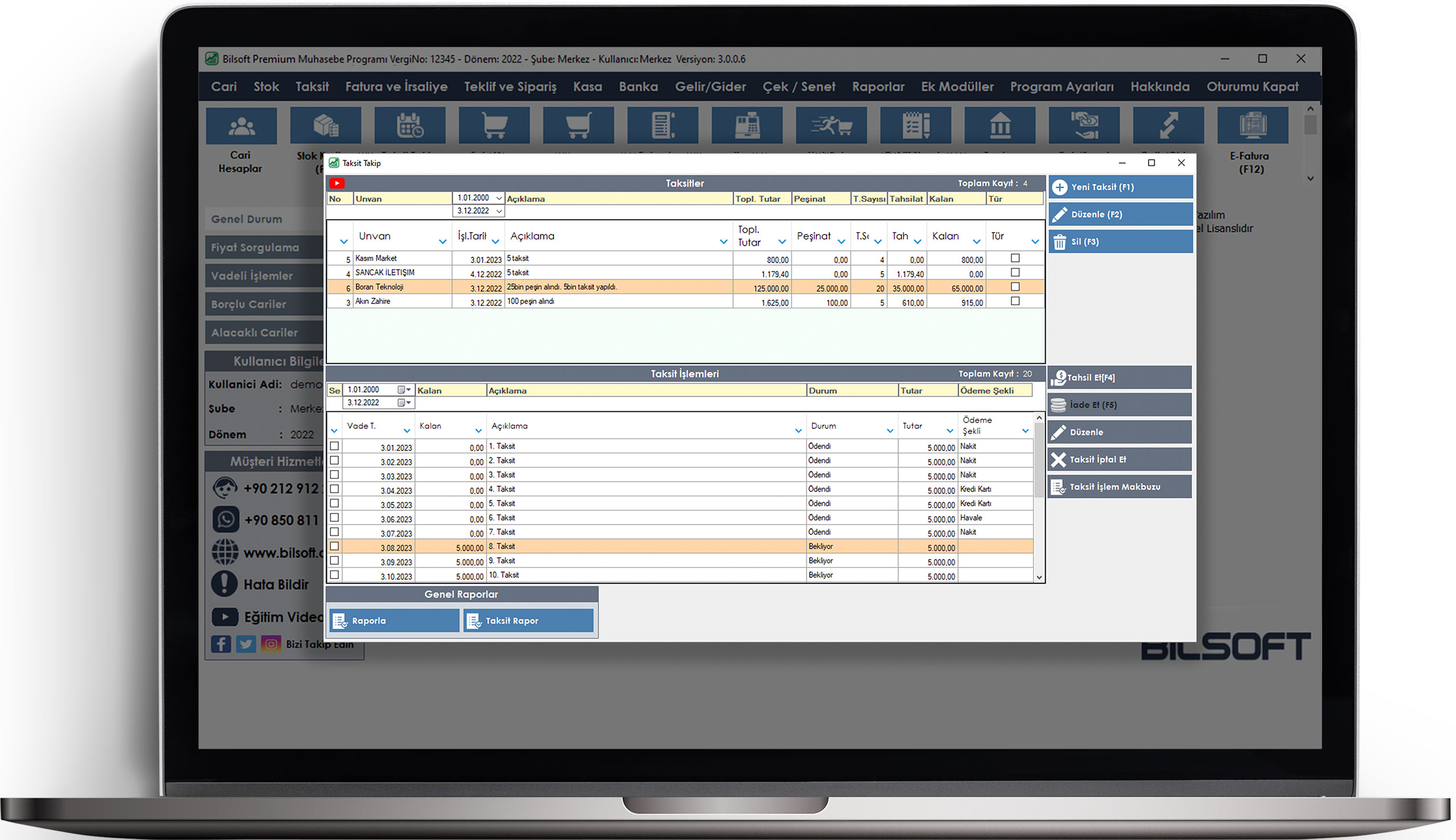 Bilsoft premium ön muhasebe programı taksit takip ekranı