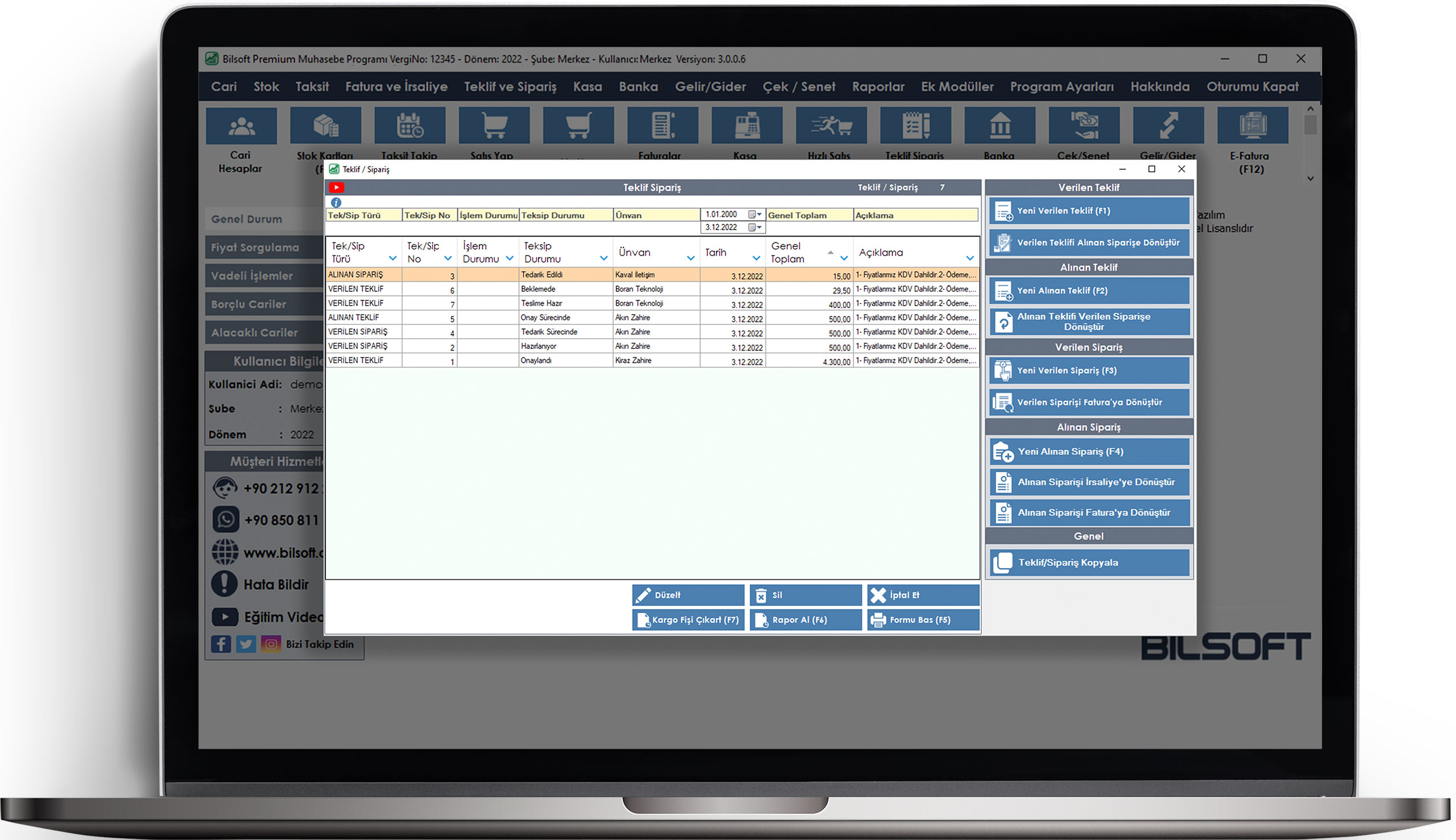 Bilsoft premium ön muhasebe programı teklif sipariş ekranı 