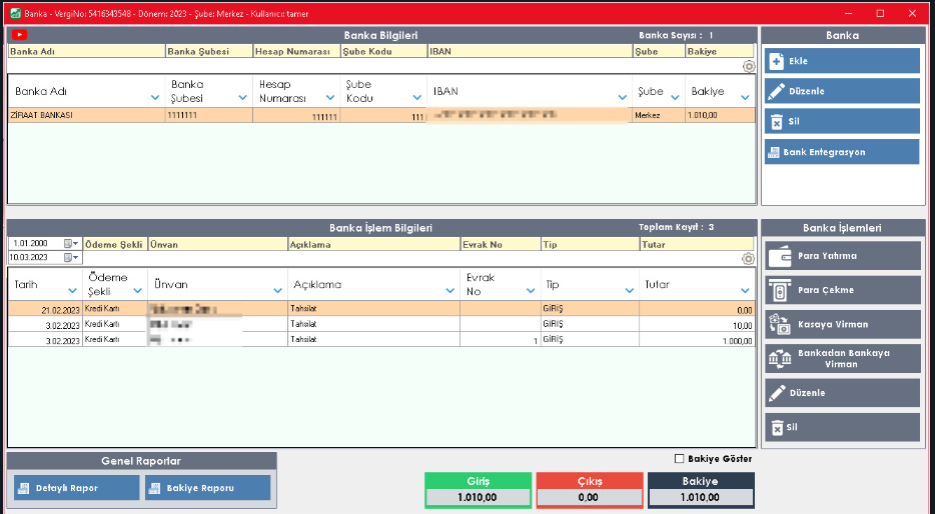 Bilsoft banka takip modülü penceresi