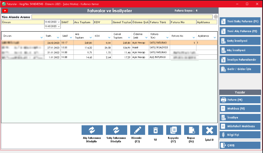 Bilsoft e-Fatura programı fatura listesi ekranı