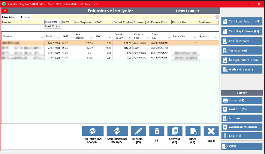 Bilsoft,e-Fatura, e-Ar�iv, e-Defter, Mali M�h�r, e-�rsaliye, program� fatura listesi